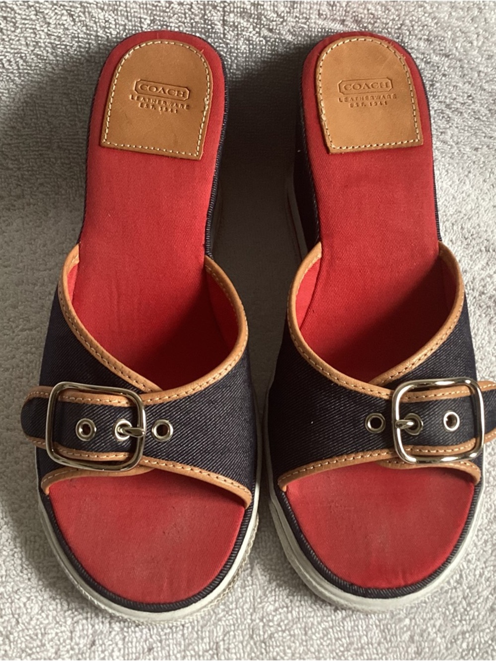 Coach  Alyssa Indigo Denim Natural Vachetta Leather Trim Wedge Sandals Shoes 8